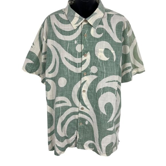 Quiksilver Size Large Mens Green White Abstract Hawaiian Aloha Button-Up Shirt - Picture 1 of 9